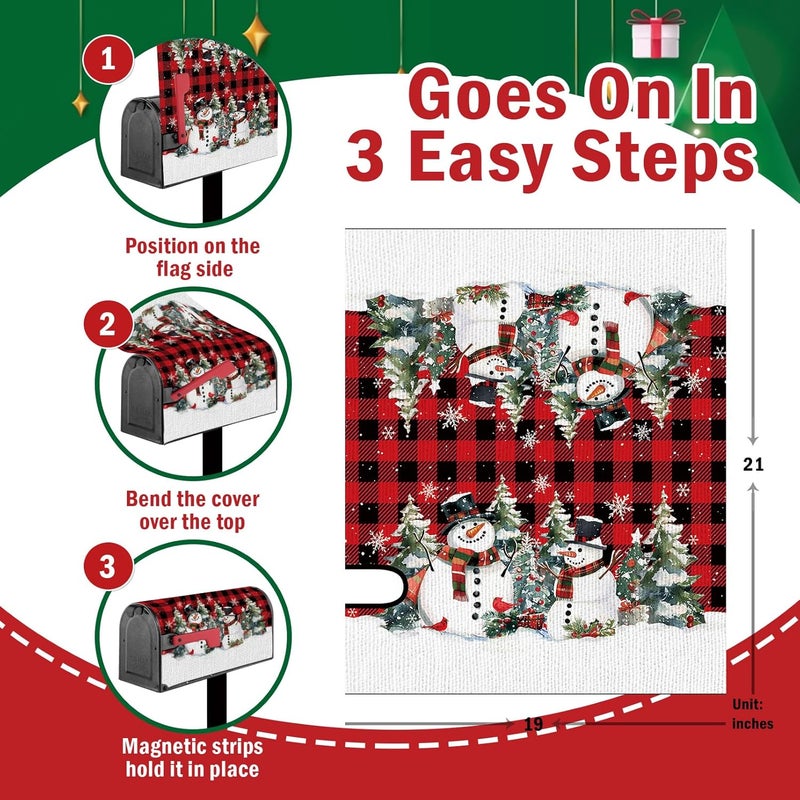 FBCOO Christmas Snowman Mailbox Cover Magnetic Standard Size 20.5" x 18", Xmas Tree Buffalo Plaid Cardinal Decorative Post Letter Box Wrap Decor, Winter Holiday Garden Yard Outdoor Decoration - Image 2
